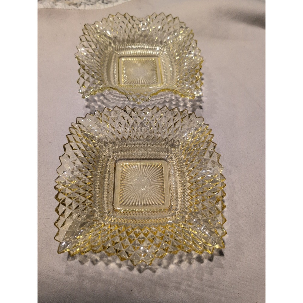 Vintage Indiana Glass Diamond Point Yellow Candy/Nut Dish 2 " High 7 " Square